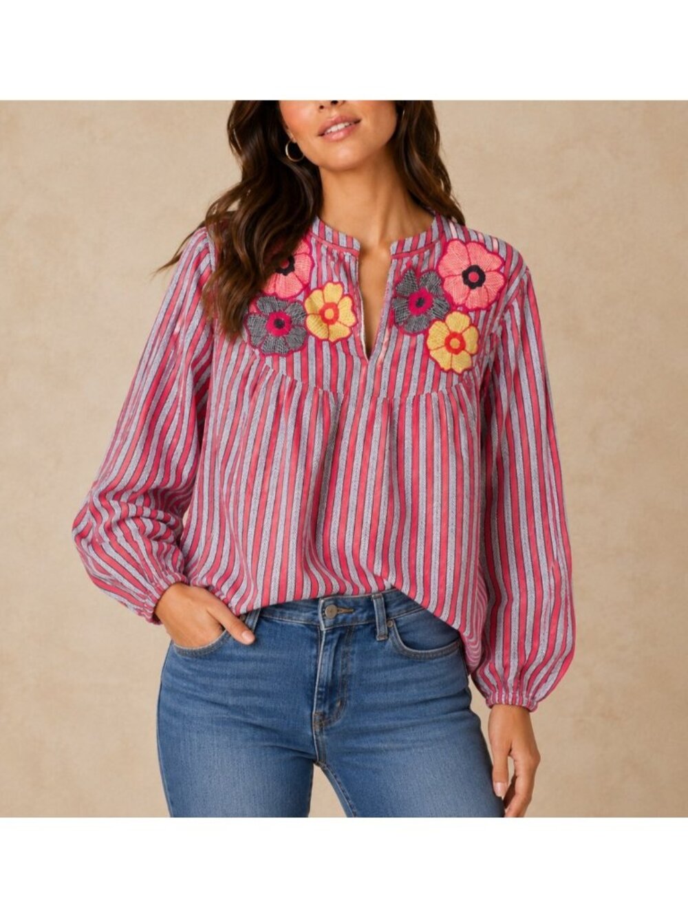NEW Nimo With Love - M Women’s Embroidered Floral Striped Organic Cotton Top 270